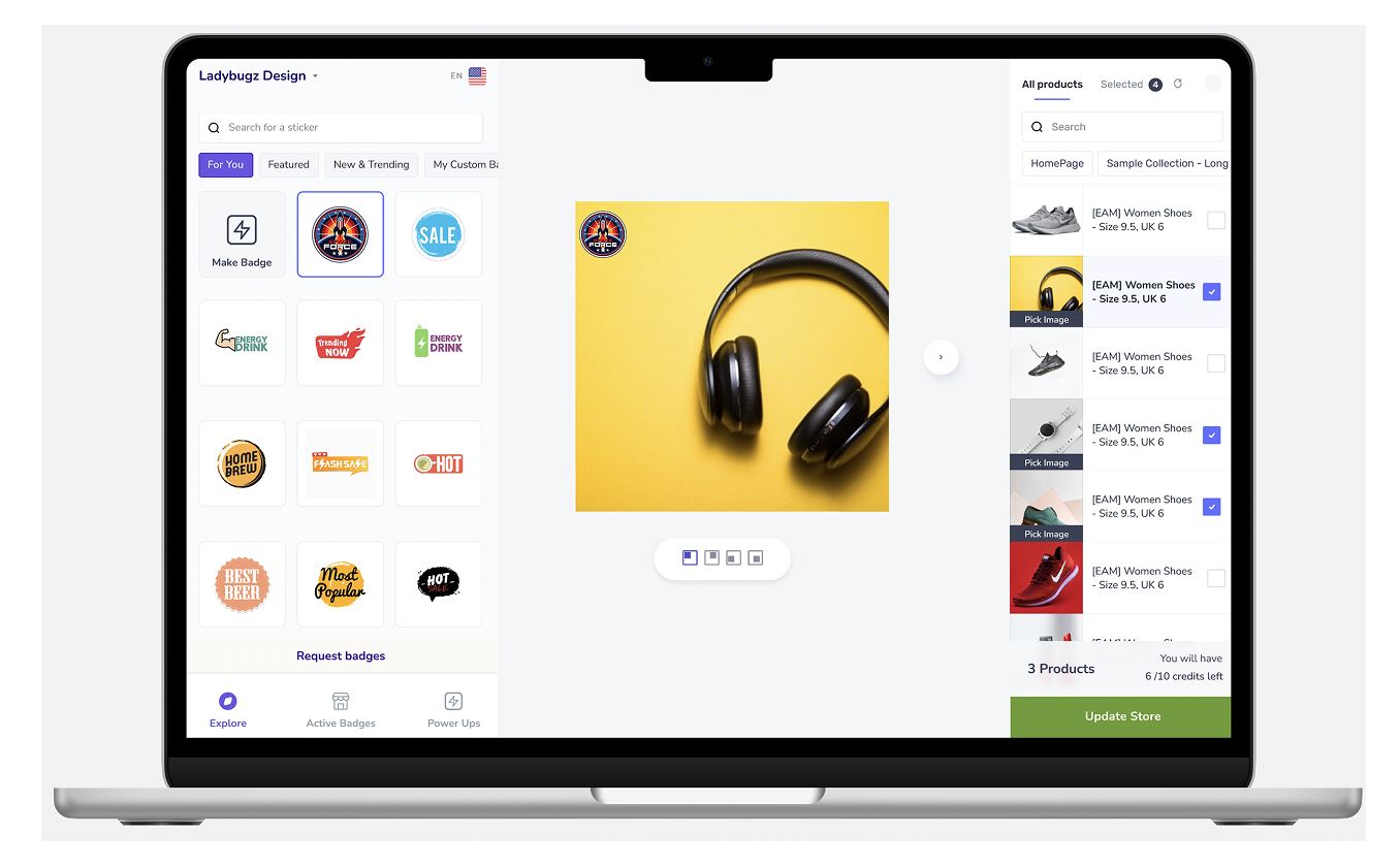 ModeMagic badge application interface — select badge, choose products, update store