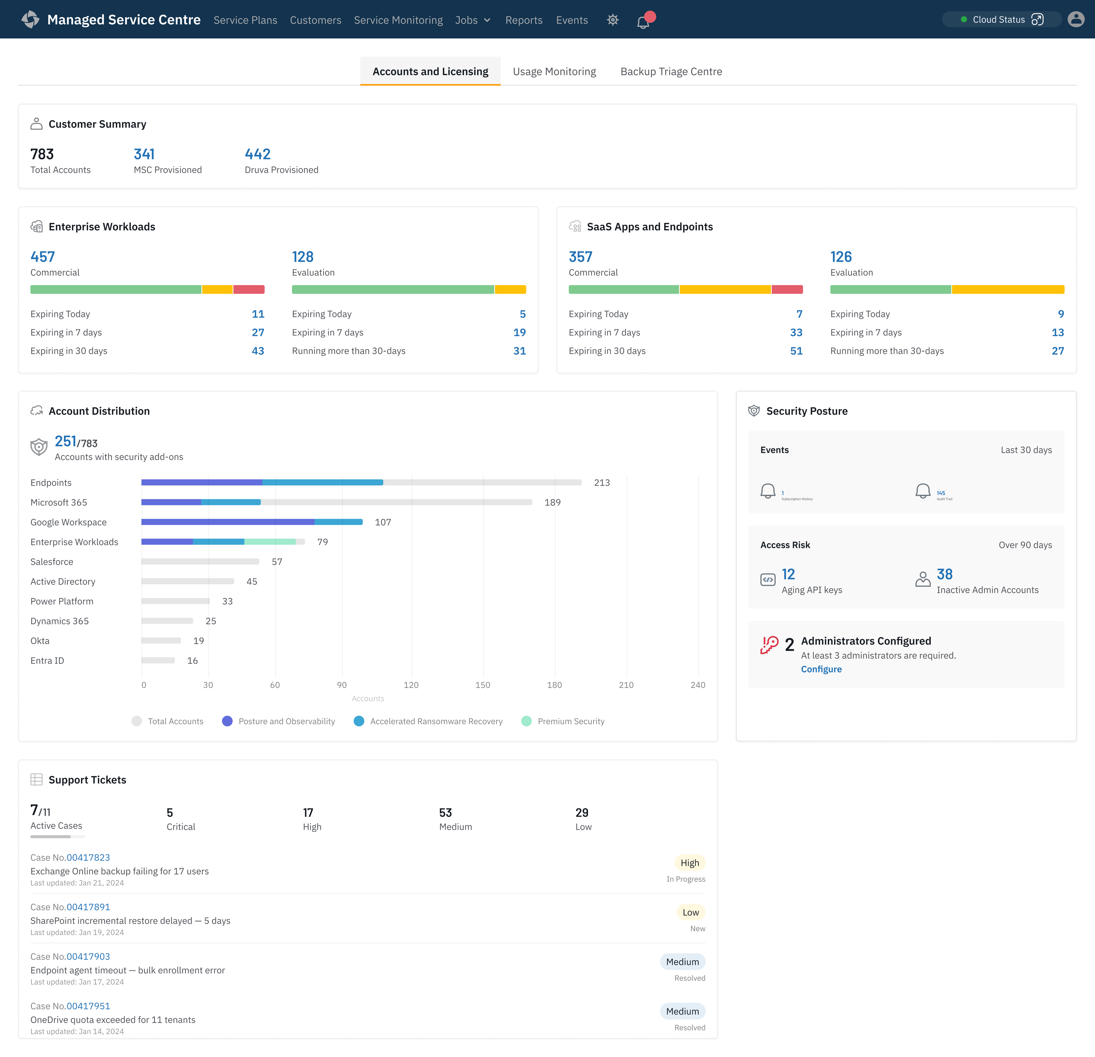 Initial Accounts and Licensing tab screen