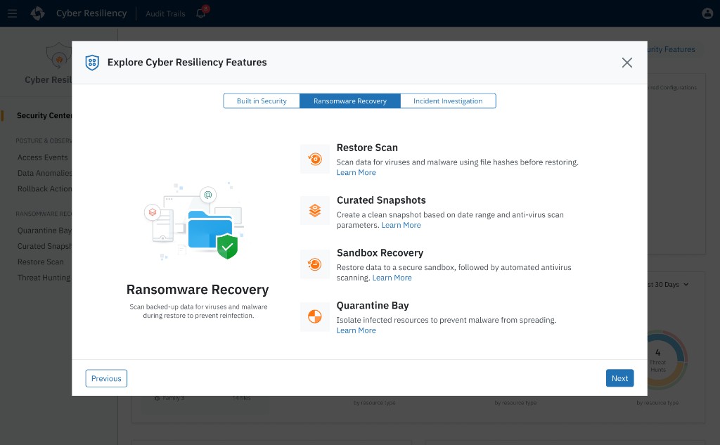 Explore Cyber Resiliency Features modal on Ransomware Recovery tab showing Restore Scan, Curated Snapshots, Sandbox Recovery, and Quarantine Bay