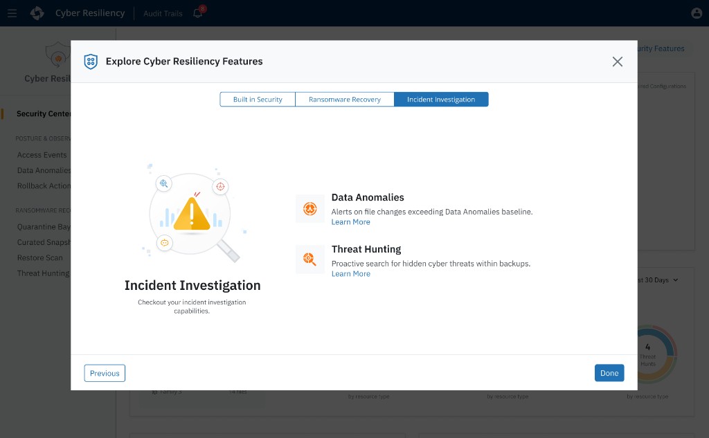Explore Cyber Resiliency Features modal on Incident Investigation tab showing Data Anomalies and Threat Hunting