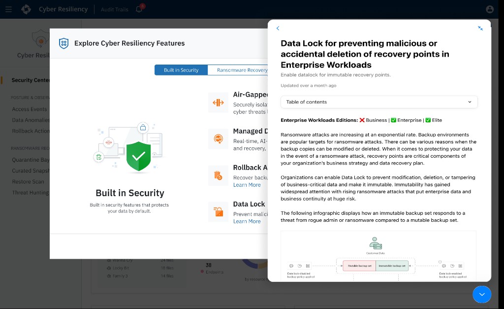 Explore Cyber Resiliency Features with Learn More panel open for Data Lock explaining immutable recovery points and edition availability