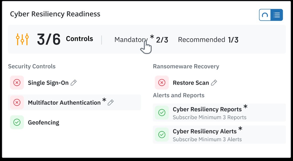 Shipped Cyber Resiliency Readiness Score in list view with pass-fail status and pencil edit affordances