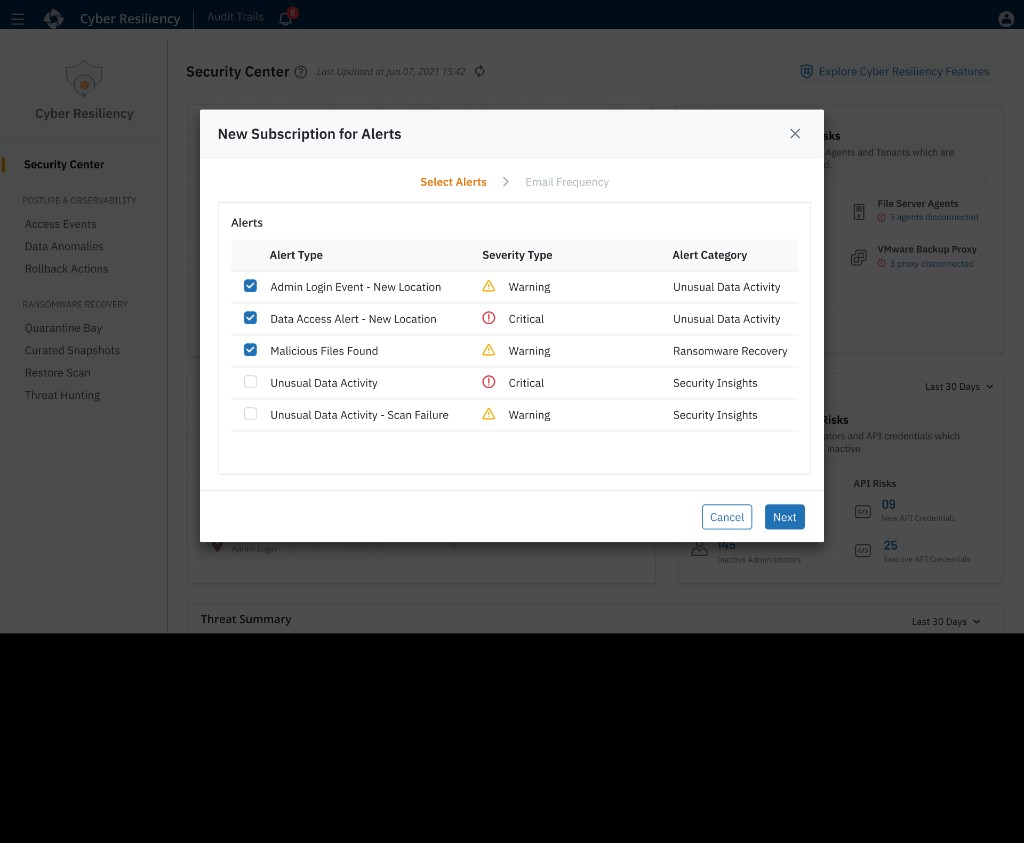 New Subscription for Alerts in-context modal over Security Center, with alert type, severity, and category selection