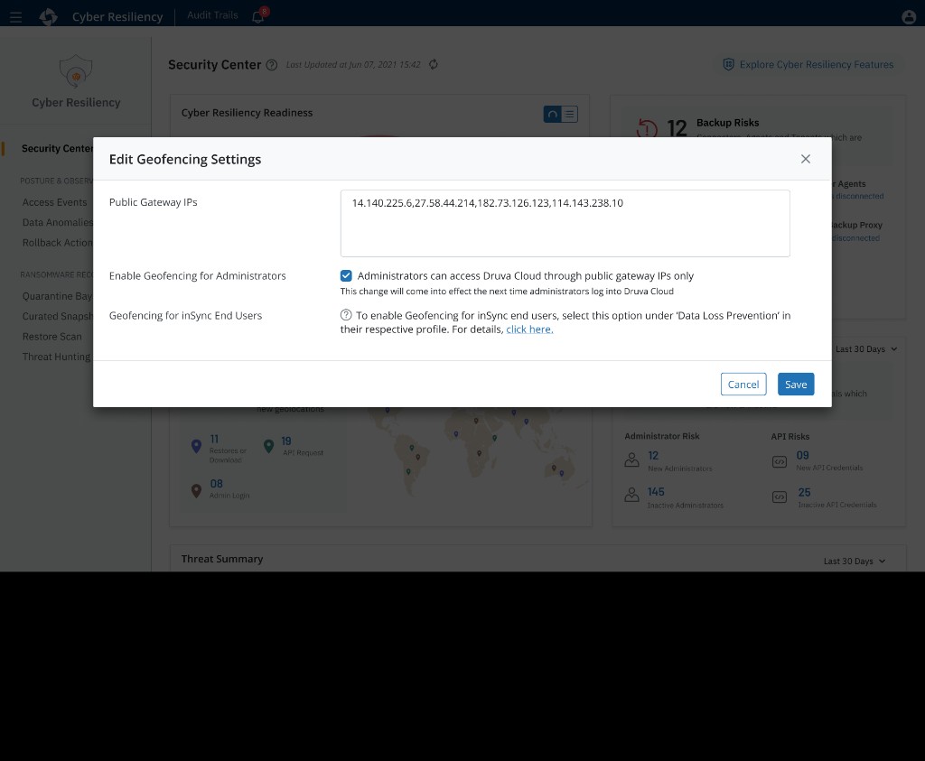 Edit Geofencing Settings in-context modal over Security Center, with public gateway IPs and administrator geofencing controls