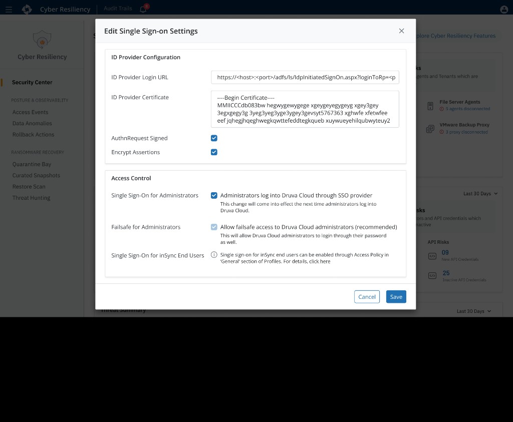 Edit Single Sign-on Settings in-context modal over Security Center, with ID provider URL, certificate, and administrator SSO options